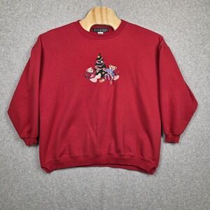 Needle & Threads Sweatshirt Womens 3X Red Christmas Teddy Tree USA Embroidered